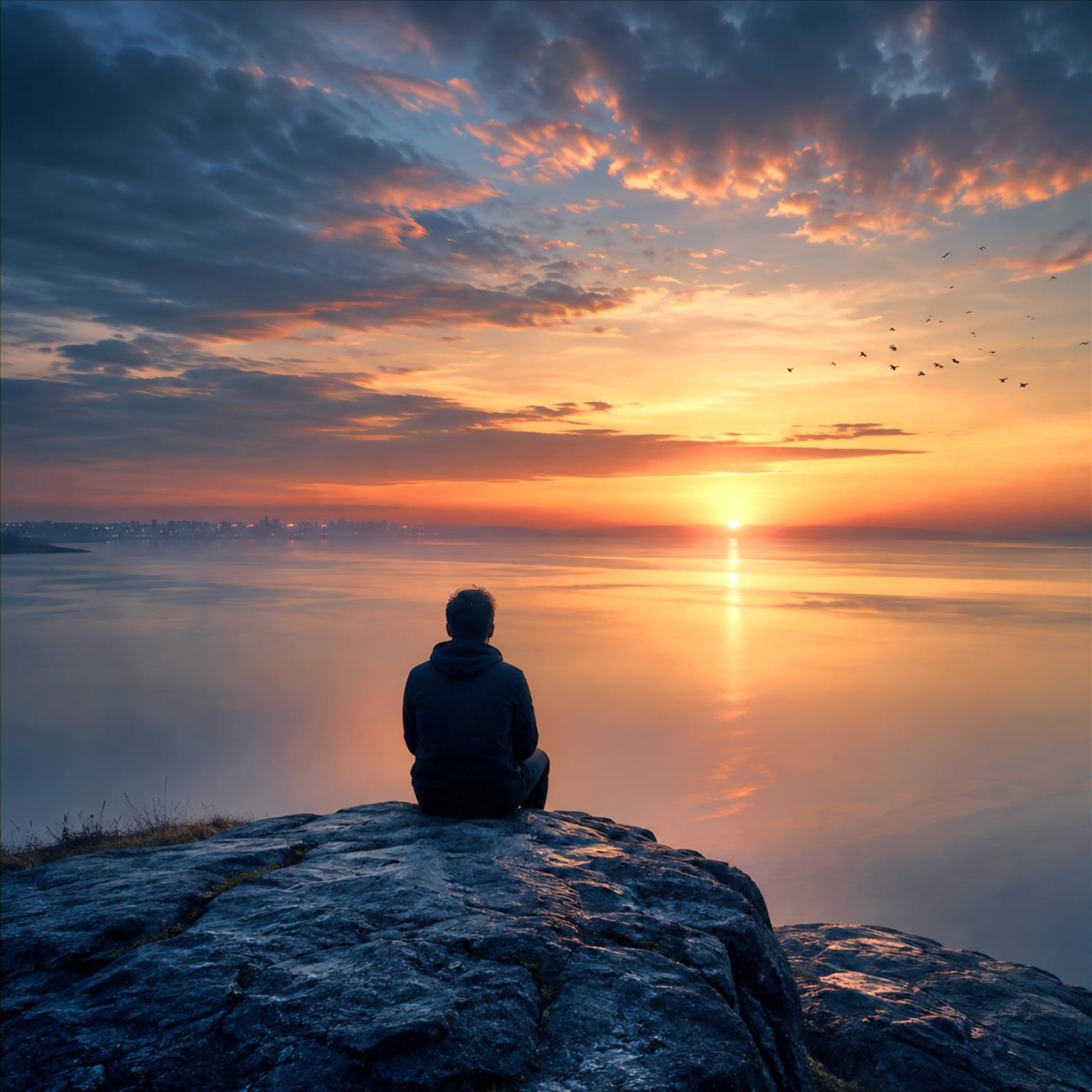 Une silhouette assise sur un rocher face à l’eau et à un coucher de soleil doré